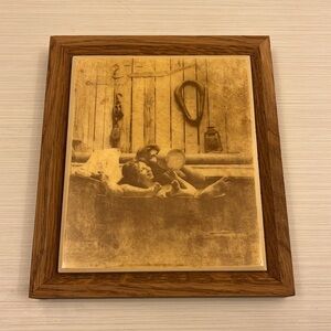 Signed 1960s Rolland Hendrickson Couple in Wood Barrel Tub Framed Sepia tile